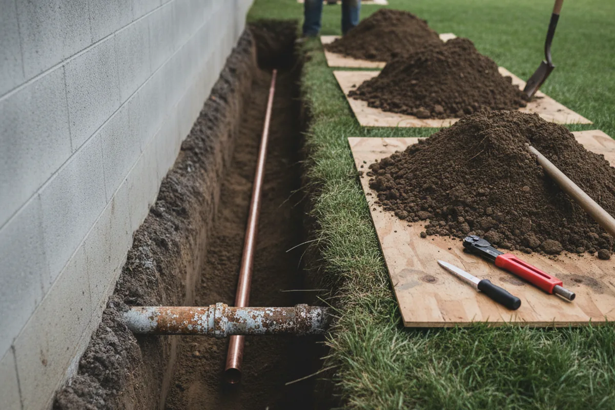 Excavated water line trench during Water Heater Repair in Monticello